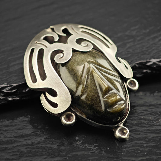 Carved Obsidian Face Sterling Silver Brooch/Pendant P3127