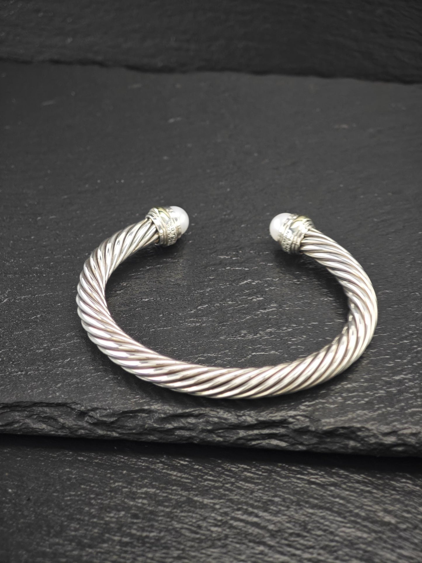 David Yurman 7mm 14K Gold, Pearl Cable Cuff Bracelet Sterling Silver