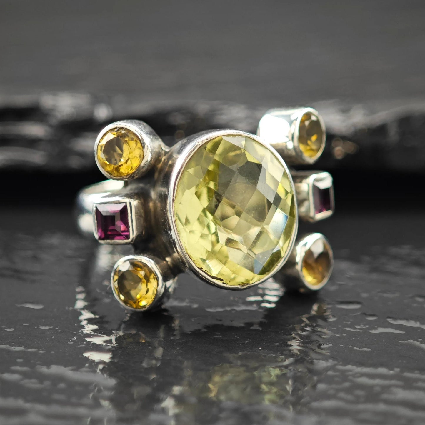 Nicky Butler Quartz Citrine, Garnet Ring Sterling Silver Size 7 3/4