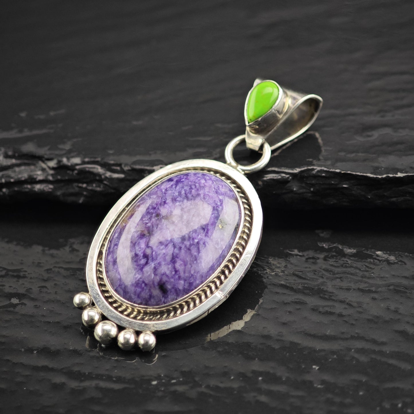 Vintage Running Bear Charoite Pendant Sterling Silver P3065