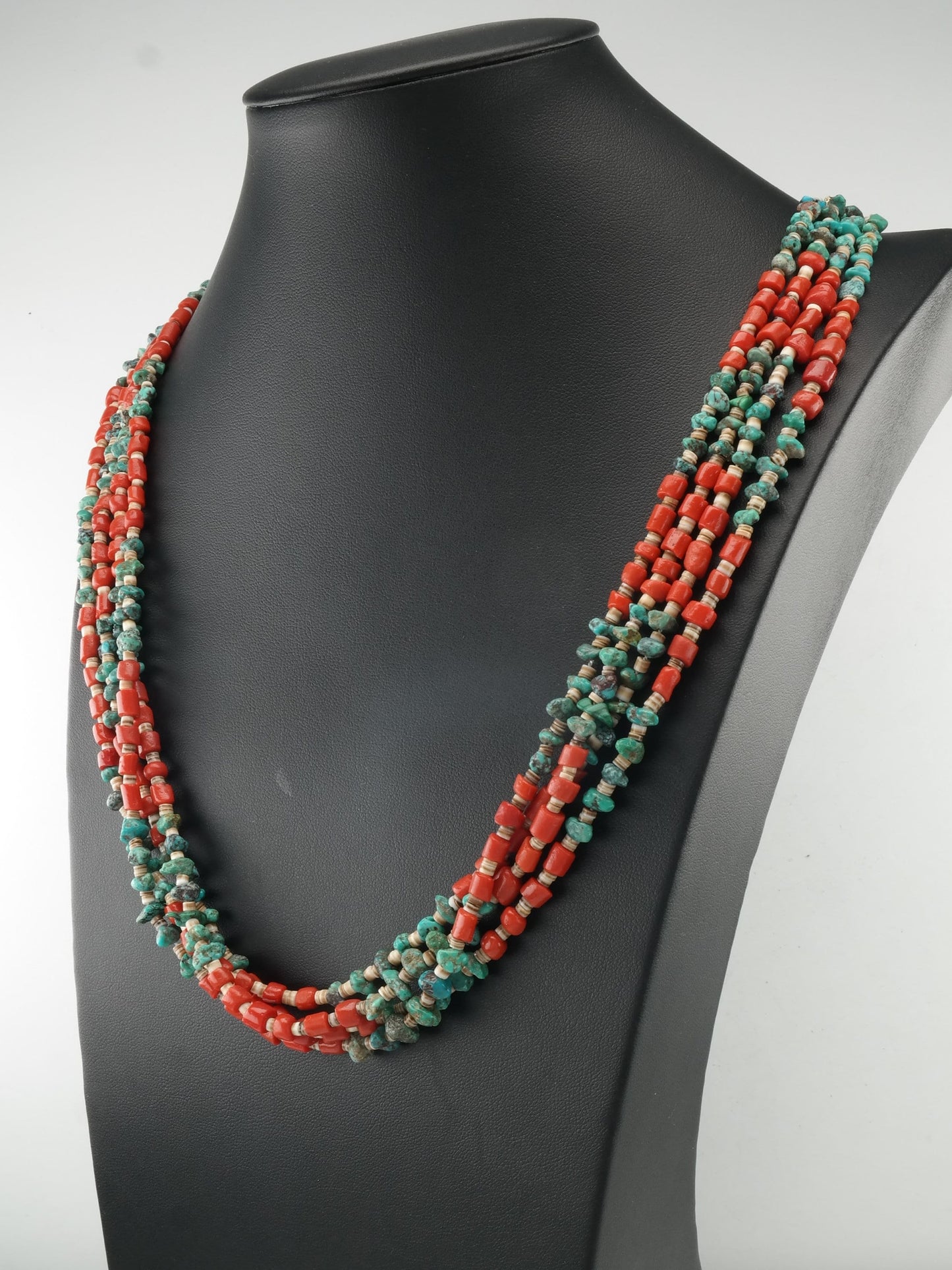 Native American Coral, Turquoise, Shell, Four Layer Heishi Necklace