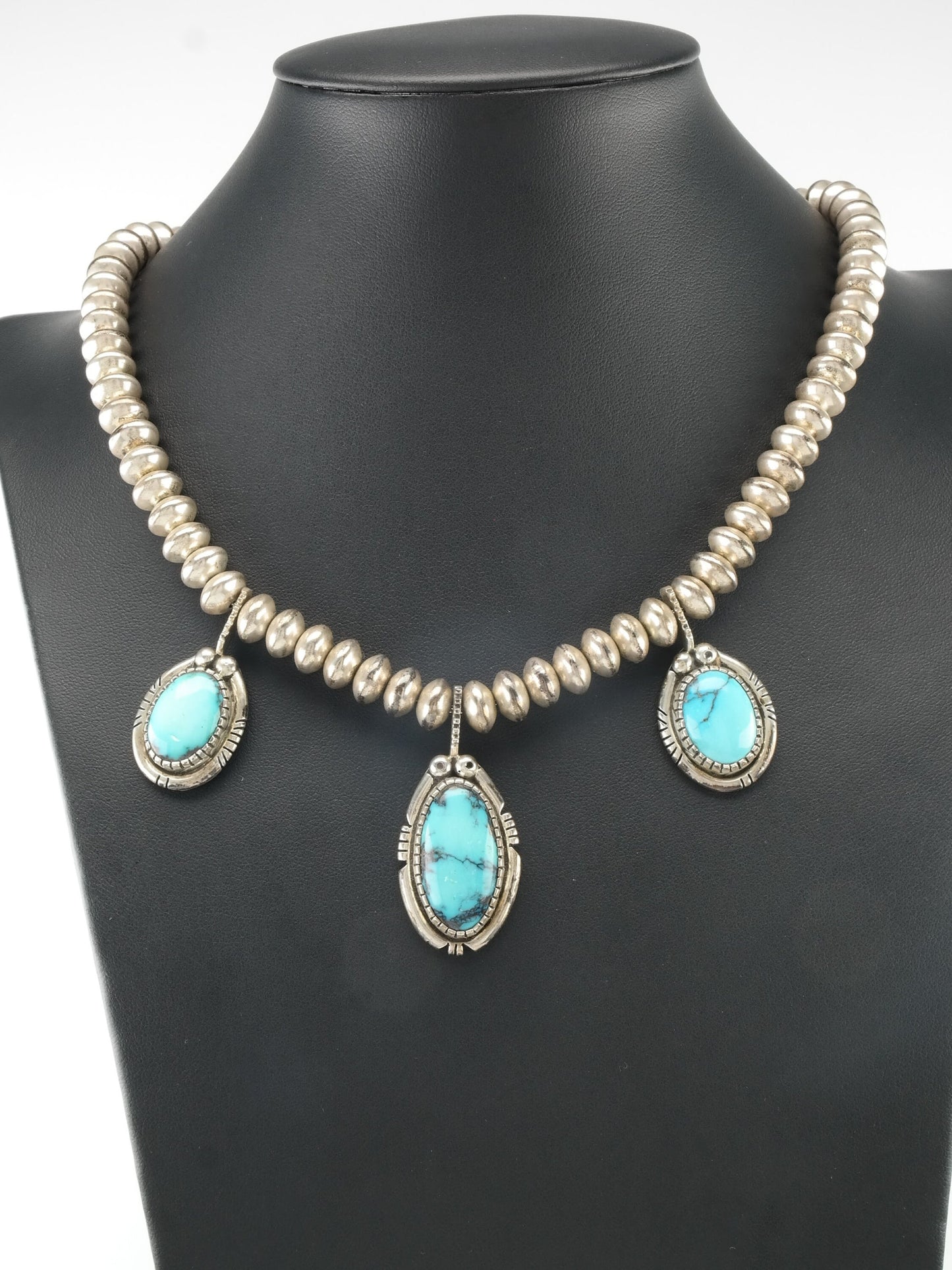 Vintage Tim Guerro Sterling Silver necklace Blue Triple Turquoise stones Hogan Beads