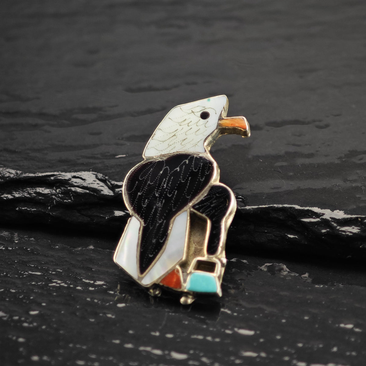 Multicolor Inlay Eagle Sterling Silver Brooch/Pendant B2283