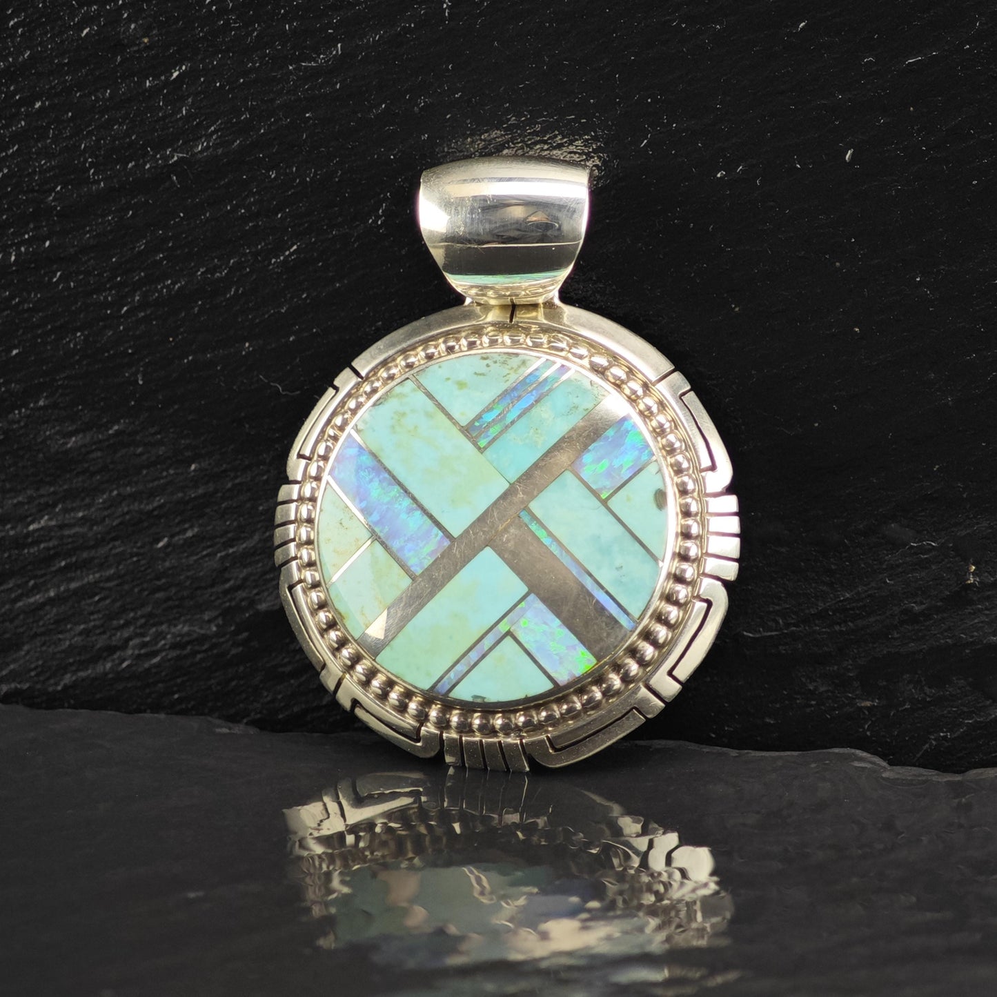 Large Turquoise, Opal Inlay Sterling Silver Pendant P3043