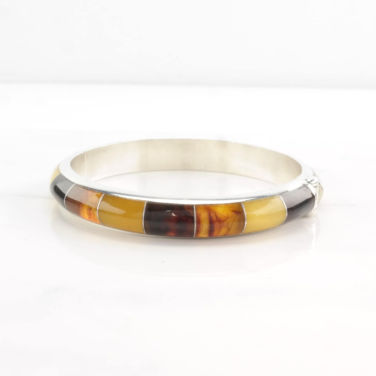 DTR Sterling Silver Bangle Bracelet Orange Amber Inlay