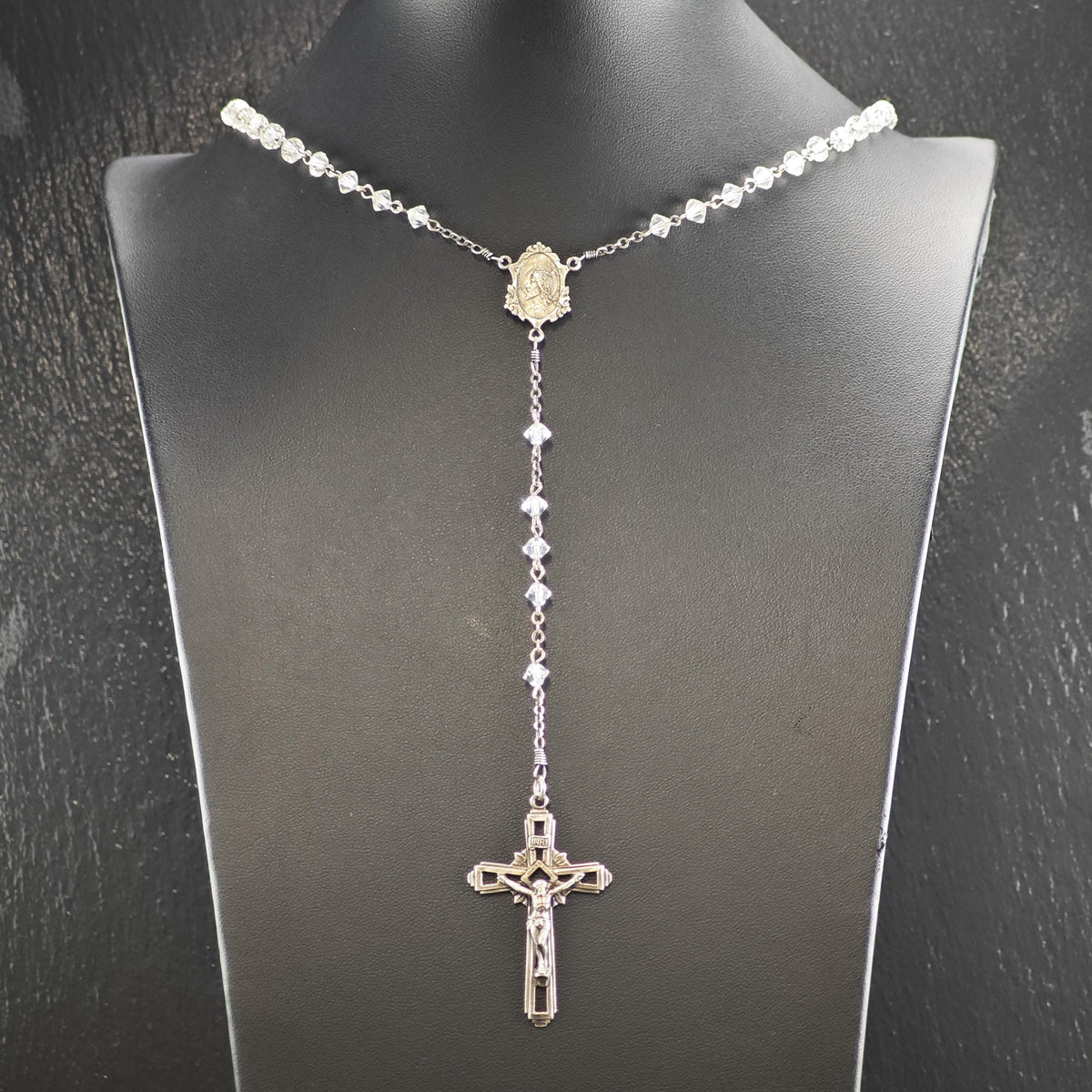Vintage Clear Beaded Rosary Necklace Sterling Silver N2784