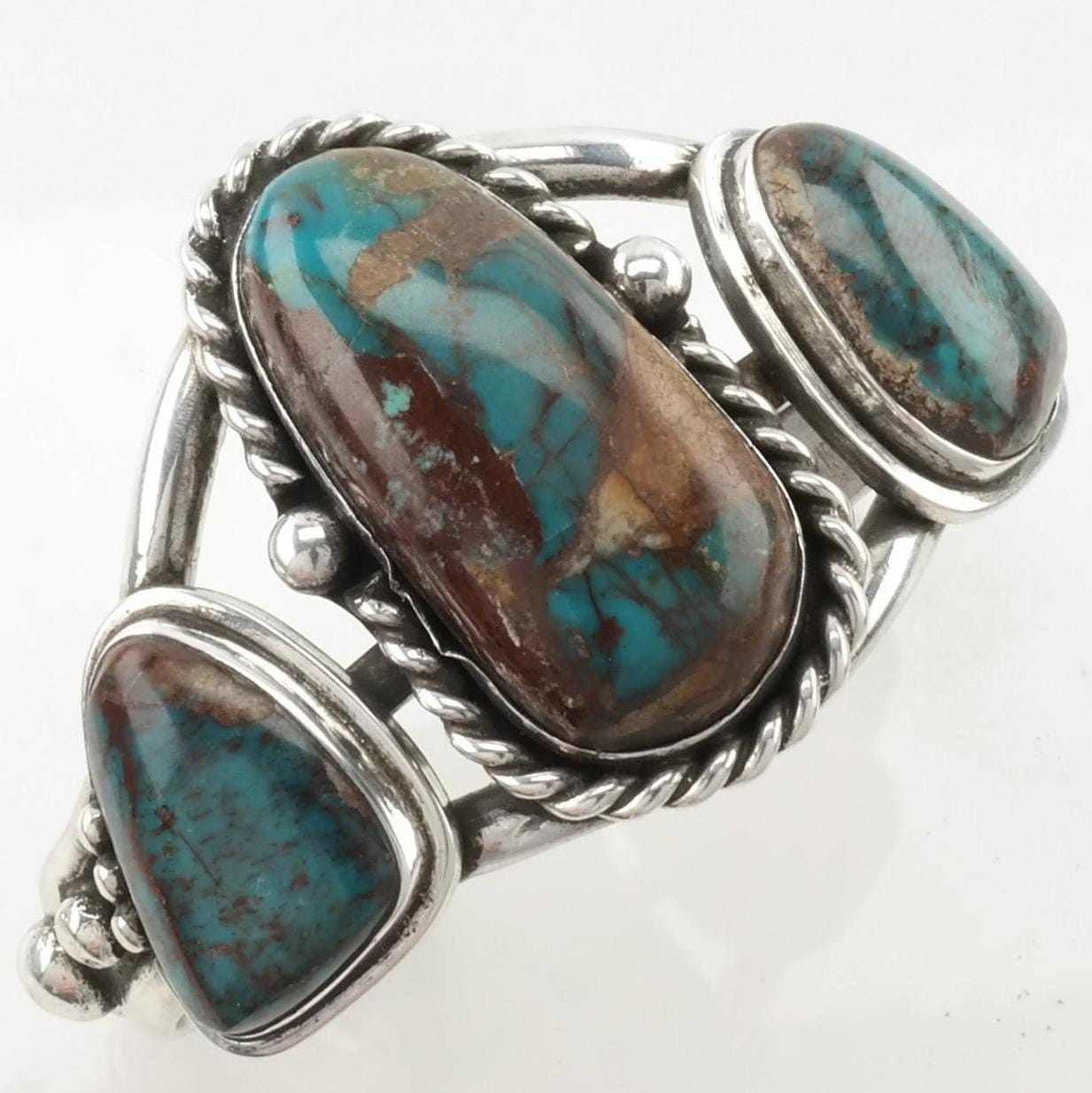 Native American Sterling Silver Cuff Bracelet Blue Unique Boulder Turquoise 3 Stone