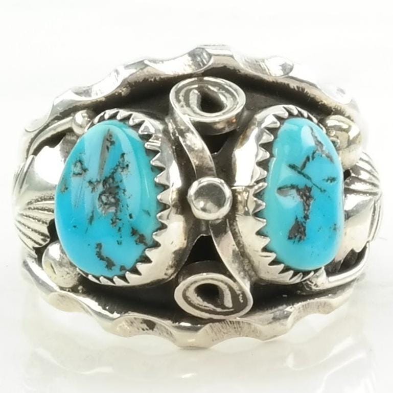 Native American Silver Ring Turquoise Leaf Sterling Blue Size 12 3/4