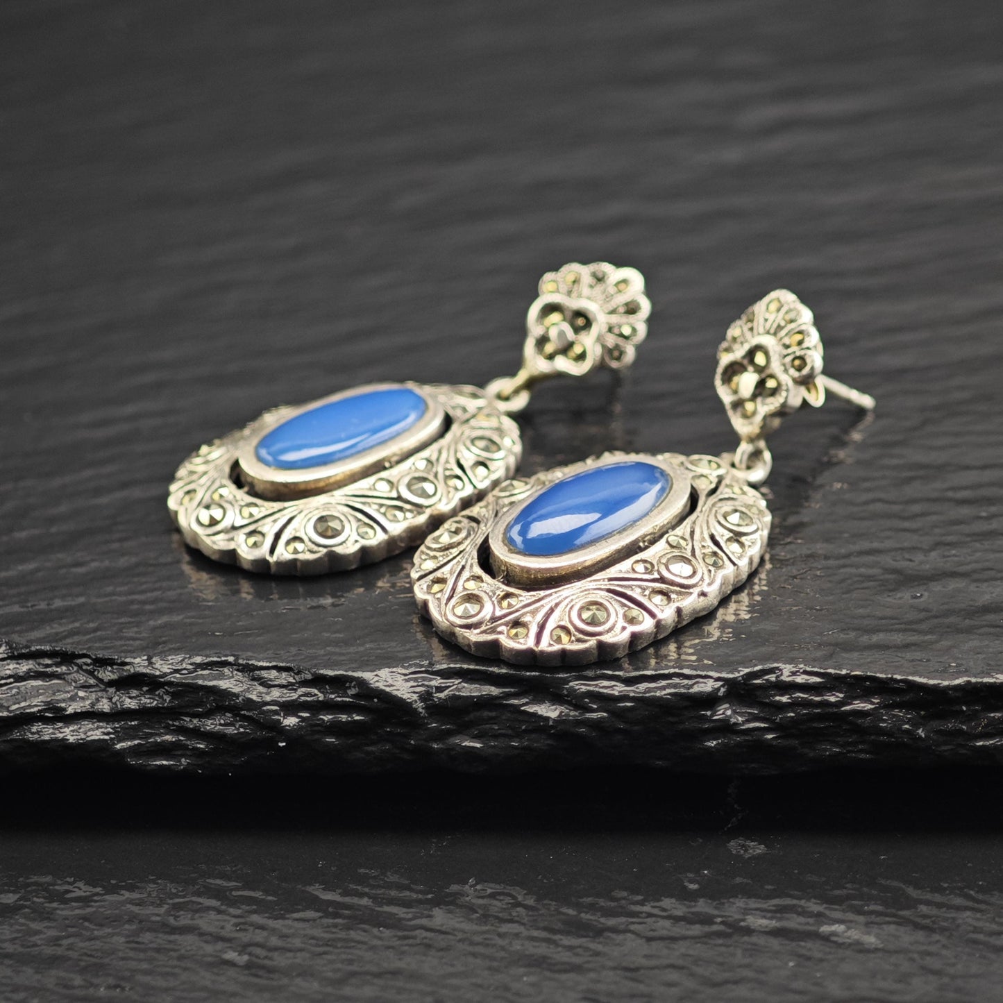 Art Deco Style Marcasite Oval Stud/Dangle Sterling Silver Earrings ER3182