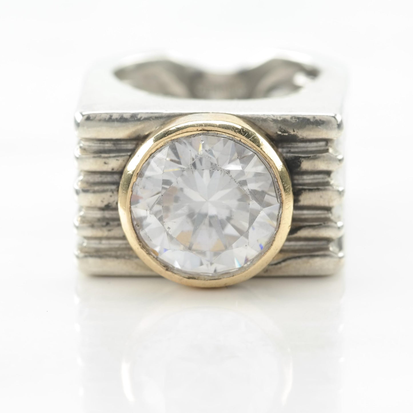 Vintage Statement Silver Ring CZ 14k Gold Bezel Sterling Size 6 1/2