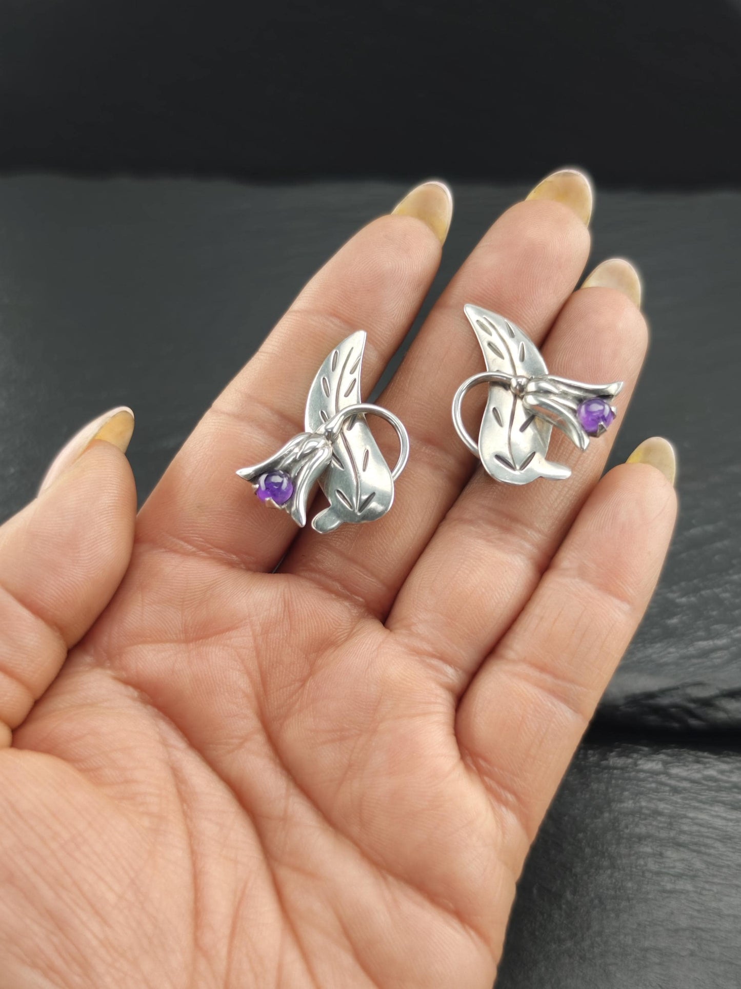 Taxco Amethyst Floral, Screw Back Earrings Sterling Silver