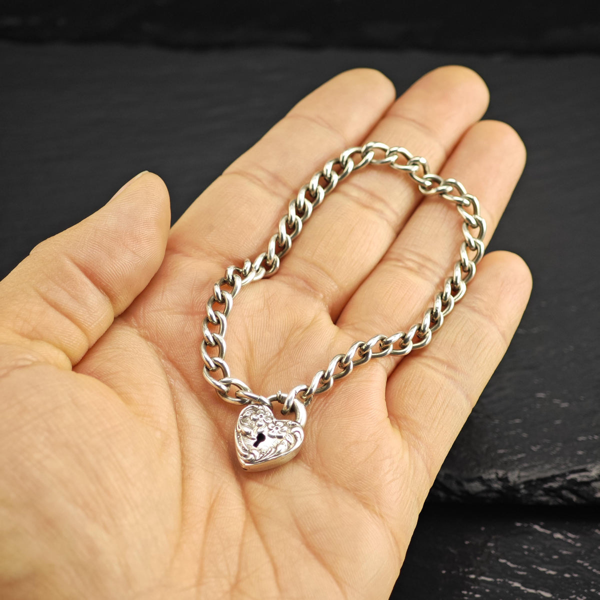 Antique Repousse Heart Lock Sterling Silver Bracelet Sz 6" BR3167