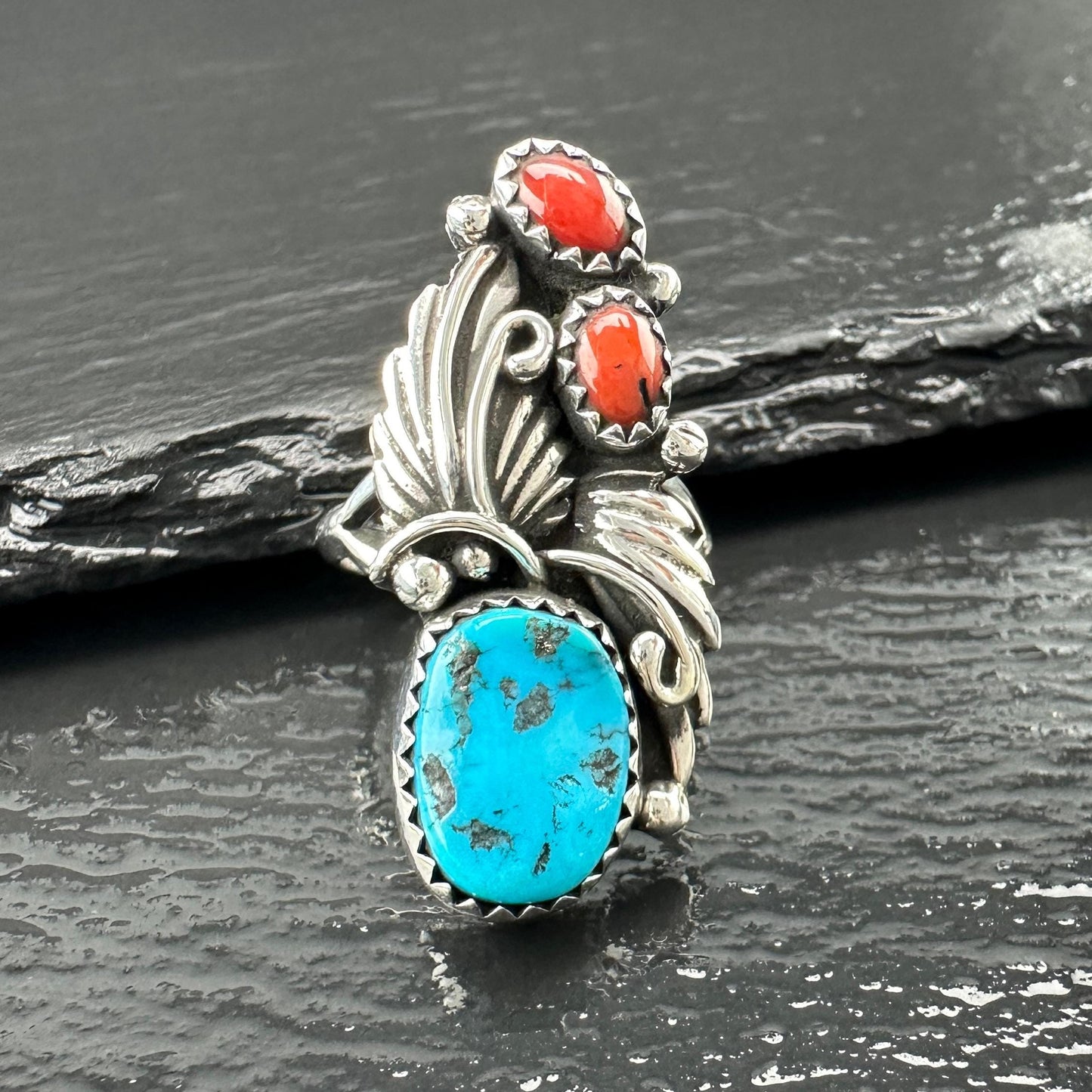 Native American Turquoise, Coral Ring Sterling Silver