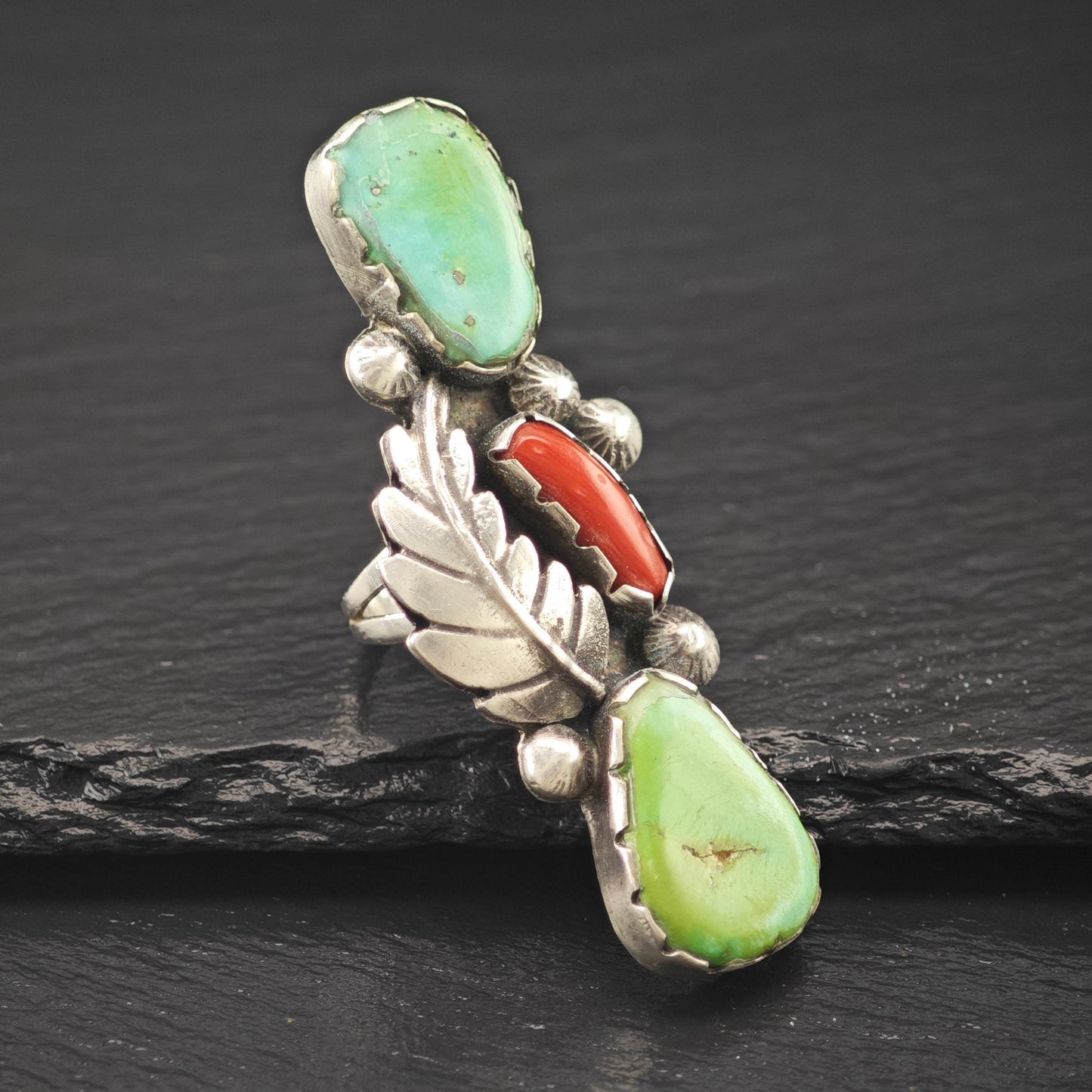 Long Native American Green Turquoise Coral Ring Sterling Silver