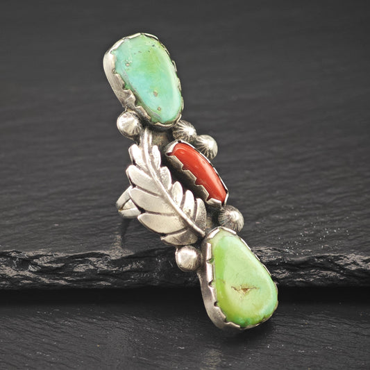 Long Native American Green Turquoise Coral Ring Sterling Silver