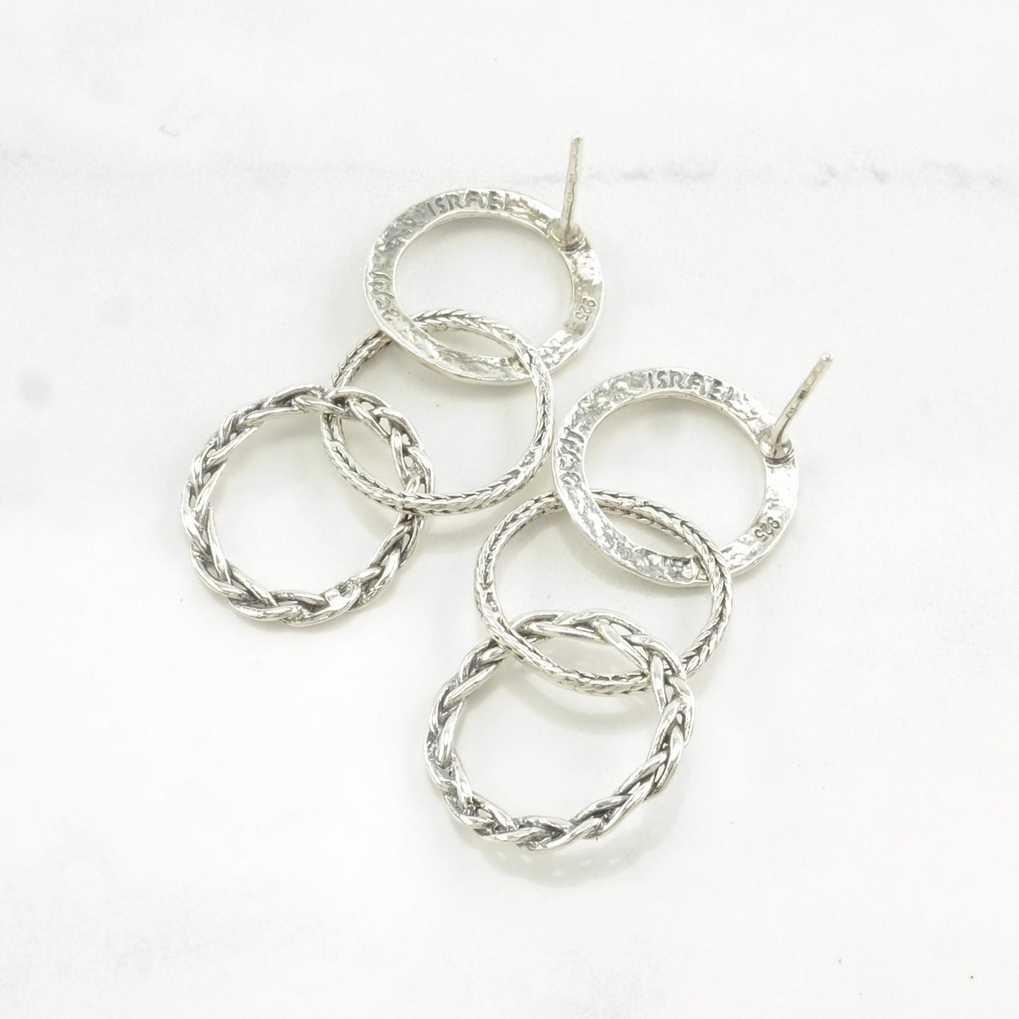 Vintage Israel Interlocking Hoops Sterling Silver Stud Dangle Earrings