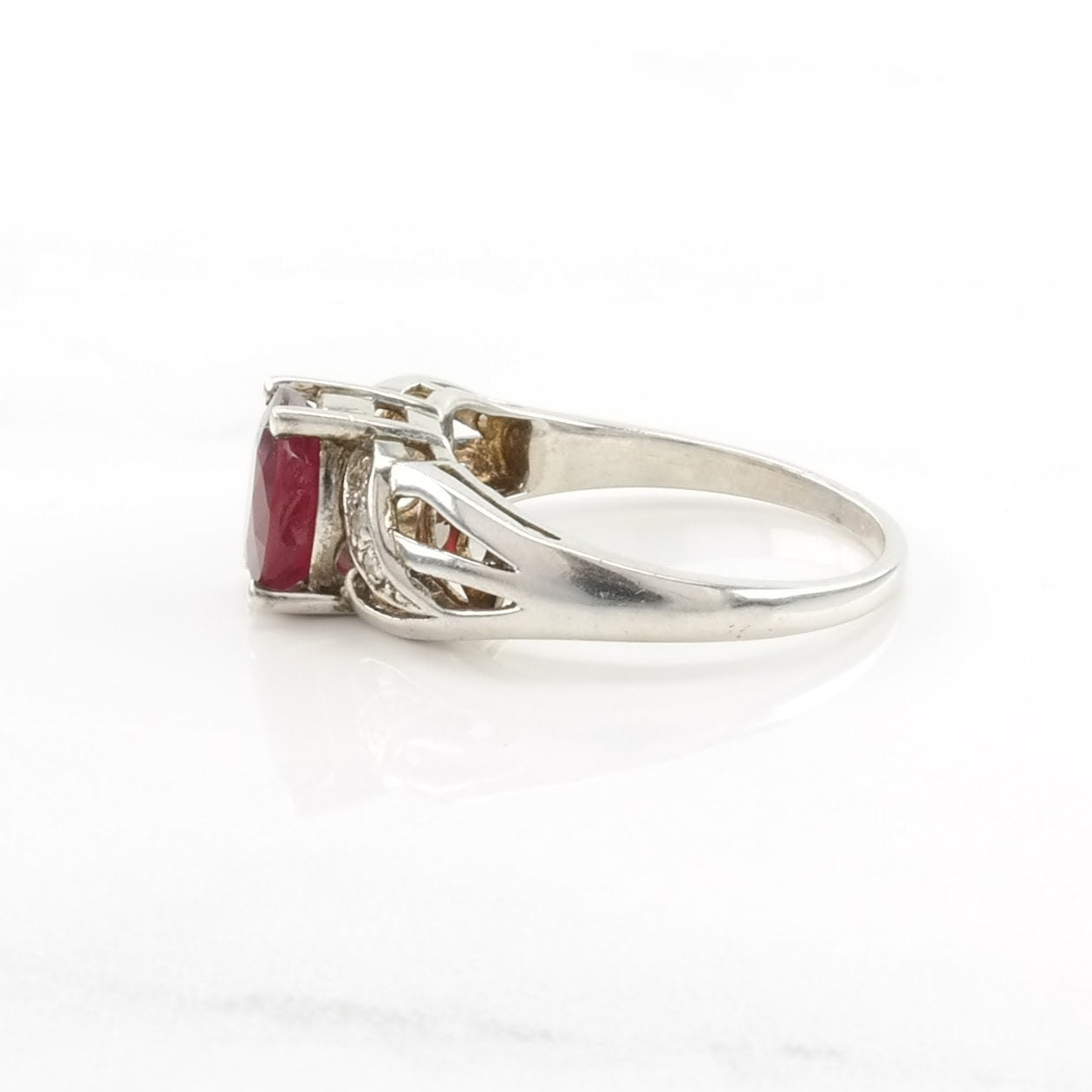 Vintage Sterling Silver Ring Lead Glass Filled Ruby, Diamond Pink Size 8