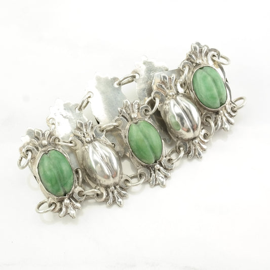 Vintage Early Mexico Sterling Silver Link Bracelet Green Lips Guatemalan Jade