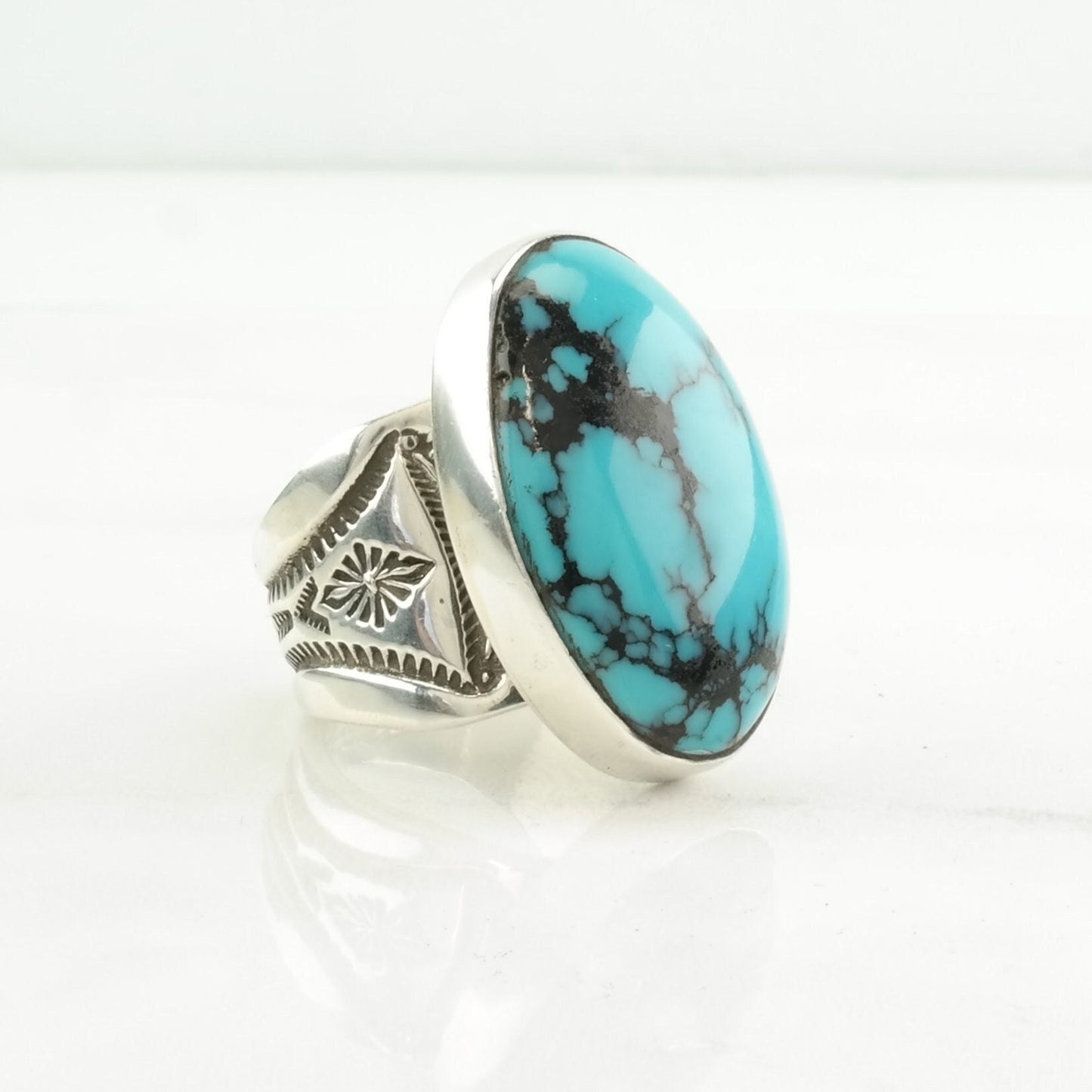 Native American Silver Ring Spiderweb Turquoise Stamped Sterling Blue Size 10