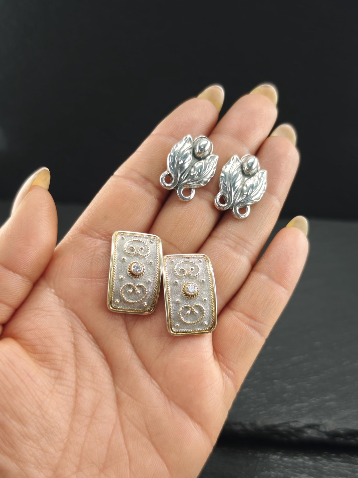 Vintage Greek Rectangular White, Gold CZ Stud Earrings Sterling Silver