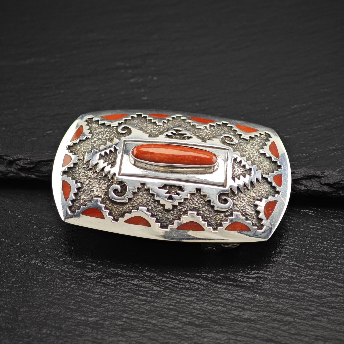Red Coral Belt Buckle by Michael Perry Sterling Silver Native American Jewelry