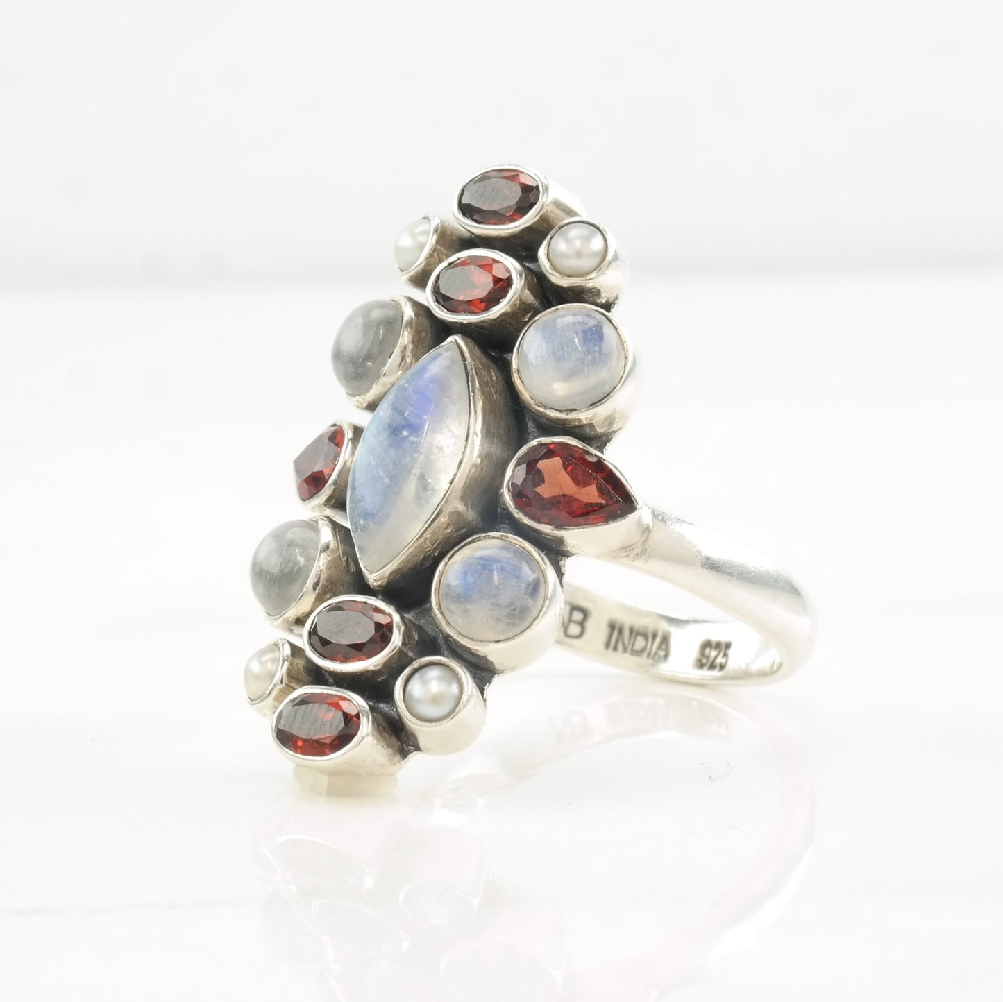 Nicky Butler Ring Moonstone, Garnet, Pearl Cluster Sterling Silver Size 12