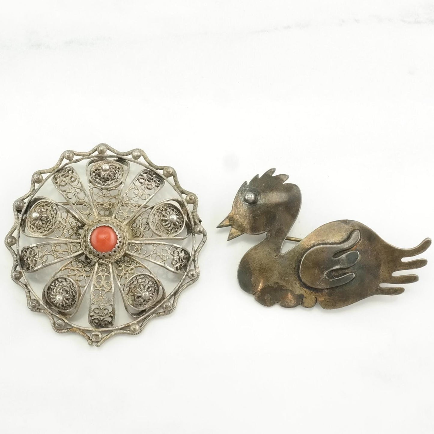 Choice: Sterling Silver Brooch Duck, Filigree Red Coral