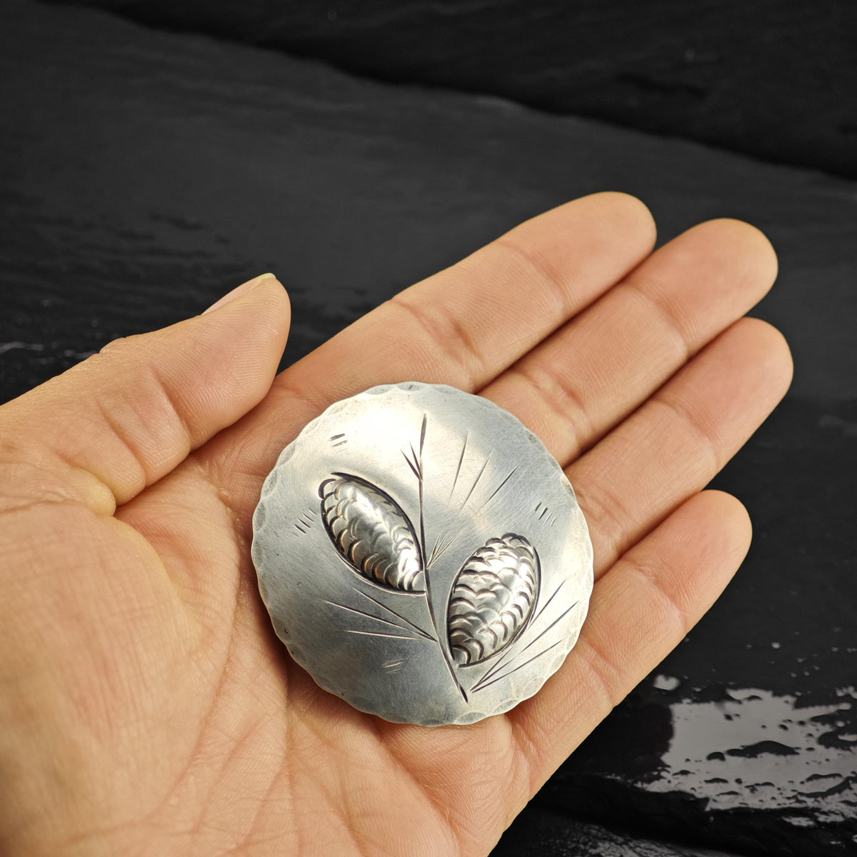 Hammered, Pinecone Stuart Nye Sterling Silver Brooch B2272