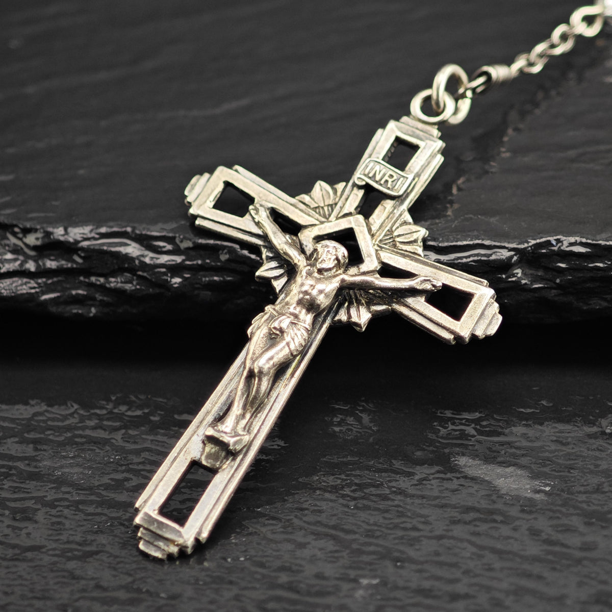 Vintage Clear Beaded Rosary Necklace Sterling Silver N2784