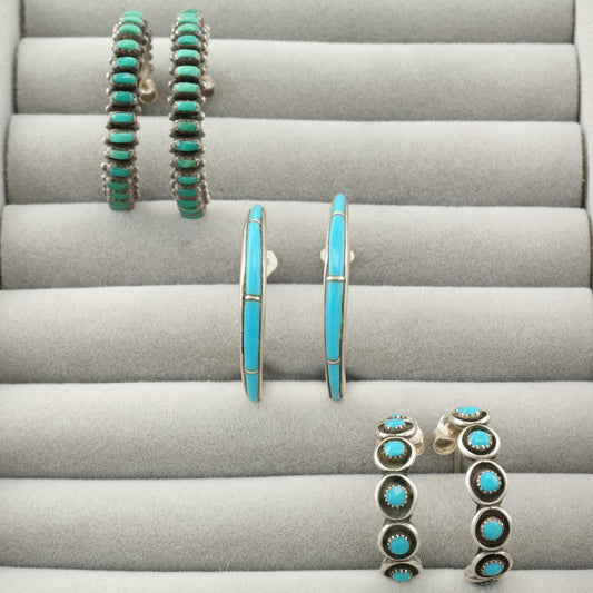 Choice of Vintage Native American Turquoise Cluster & Inlay Sterling Silver Hoop/Stud Earrings