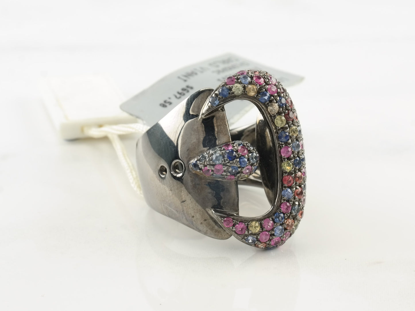 Vintage Carlo Viani Ring Multi Gem Belt Buckle Sterling Silver Size 7