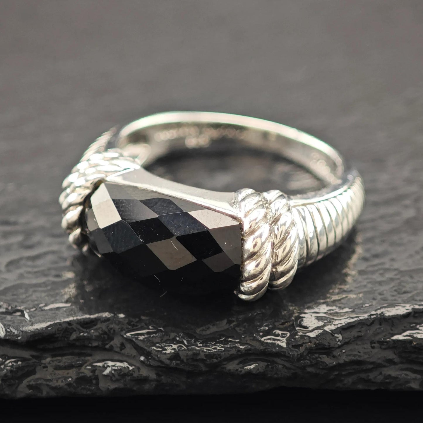 Judith Ripka Faceted Black Onyx Ring Sterling Silver Sz 9