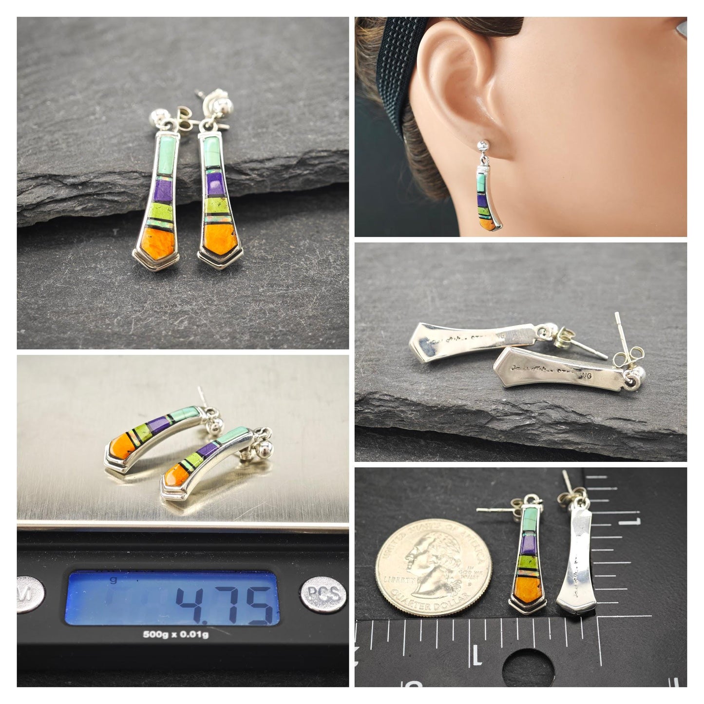 Choice of Southwest Inlay, Lab Opal Pierced Dangle Earrings Sterling Silver