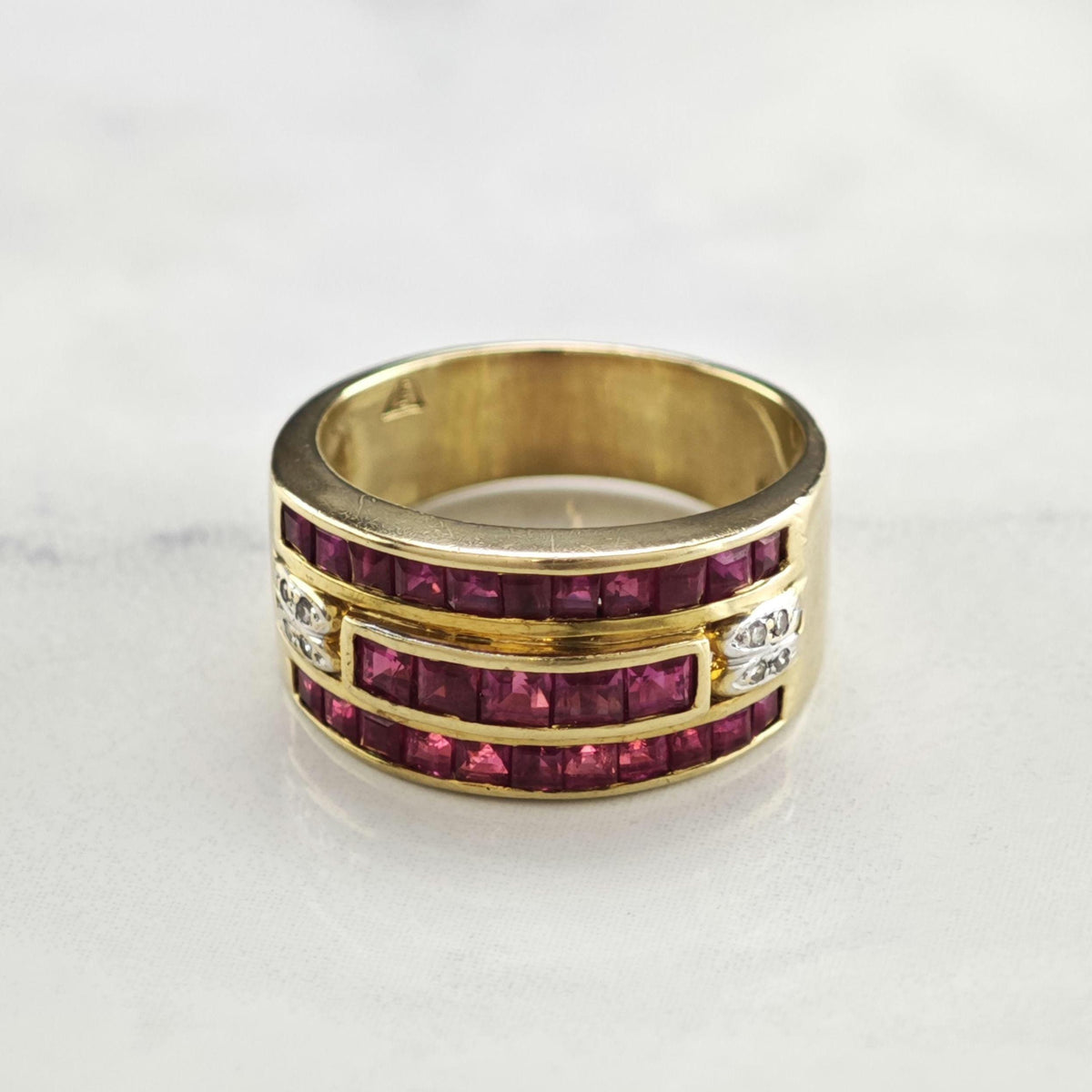 Natural Ruby & Diamond 14K Gold Wide Band Ring Sz 6 3/4 R6789