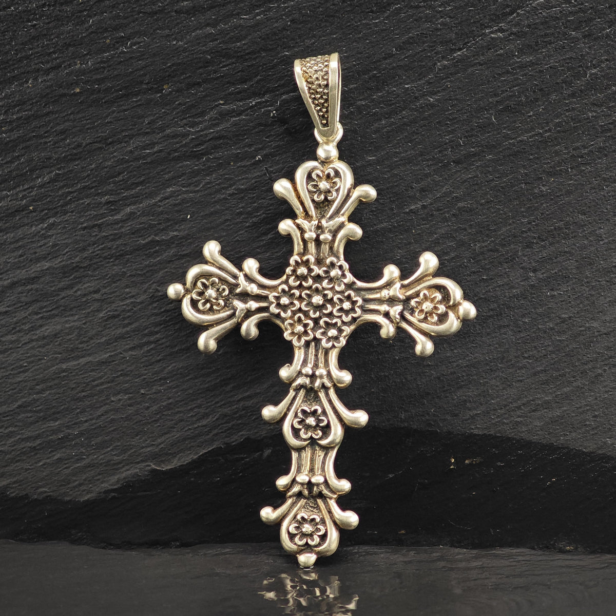 Taxco Floral Cross Sterling Silver Pendant P3138