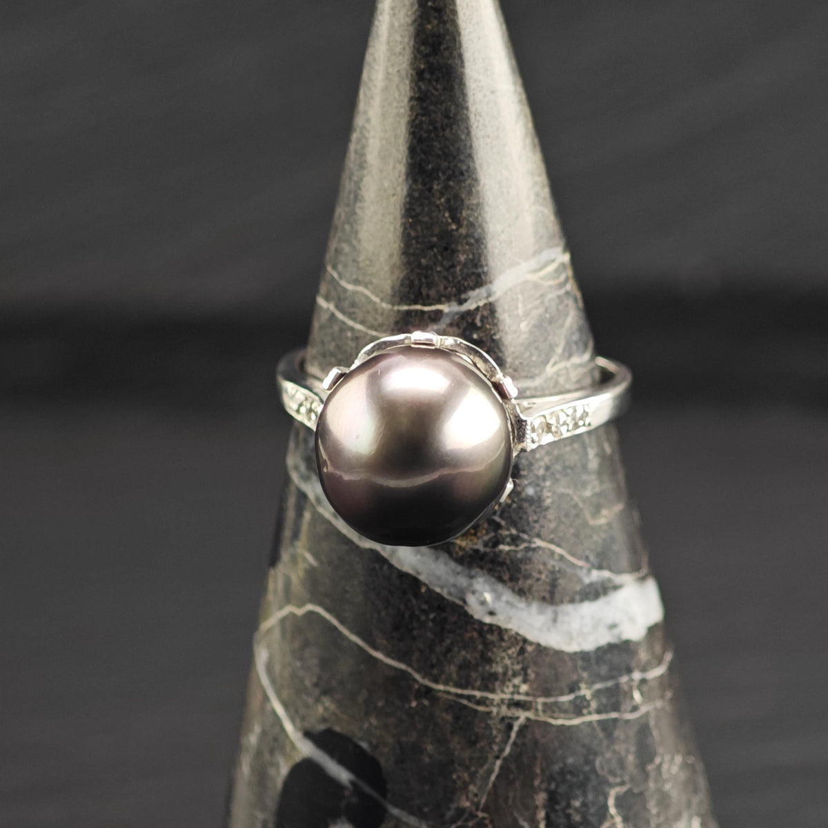 Diamond & 11mm Tahitian Pearl Platinum Ring Sz 7 1/2 R6760