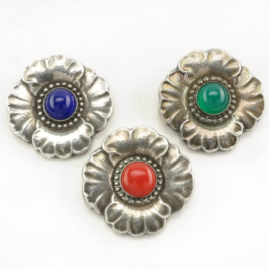 Choice of Vintage Georg Jensen Sterling Silver Brooch Floral, 189 189B Lapis Lazuli, Coral, Chrysoprase