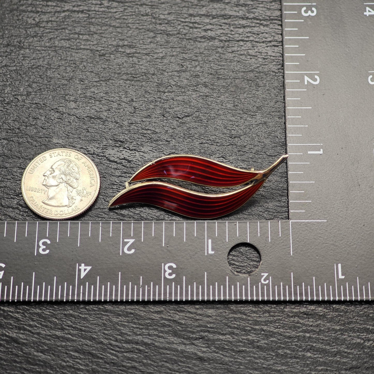 As Is Norway, Aksel Holmsen Floral Red, Gold Enamel Brooch Sterling Silver