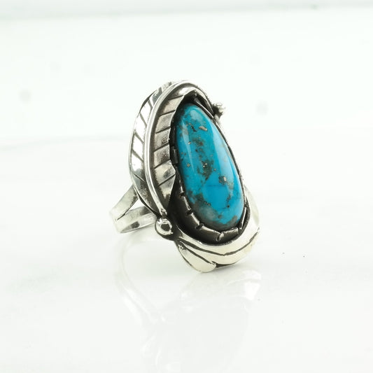 Southwest Silver Ring Turquoise Leaf Sterling Blue Size 7 1/2