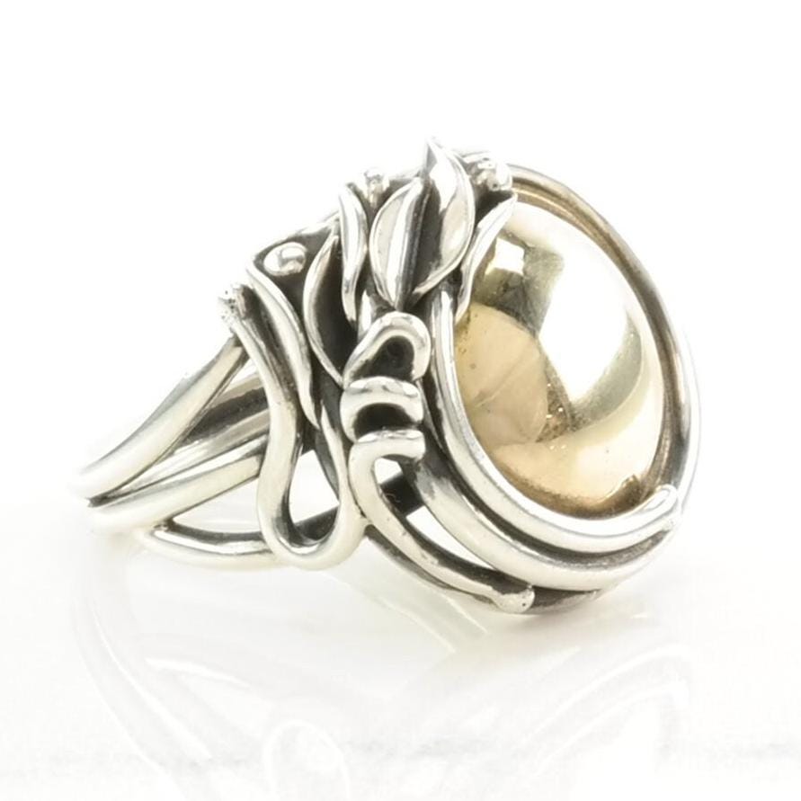 Designer Silver Ring Floral Gold Toned Dome Sterling Sz7 R5104