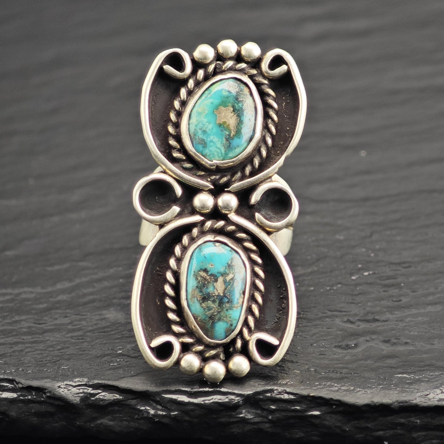 Vintage Native American Turquoise Duo Sterling Silver Ring Sz 6 1/2 R6623