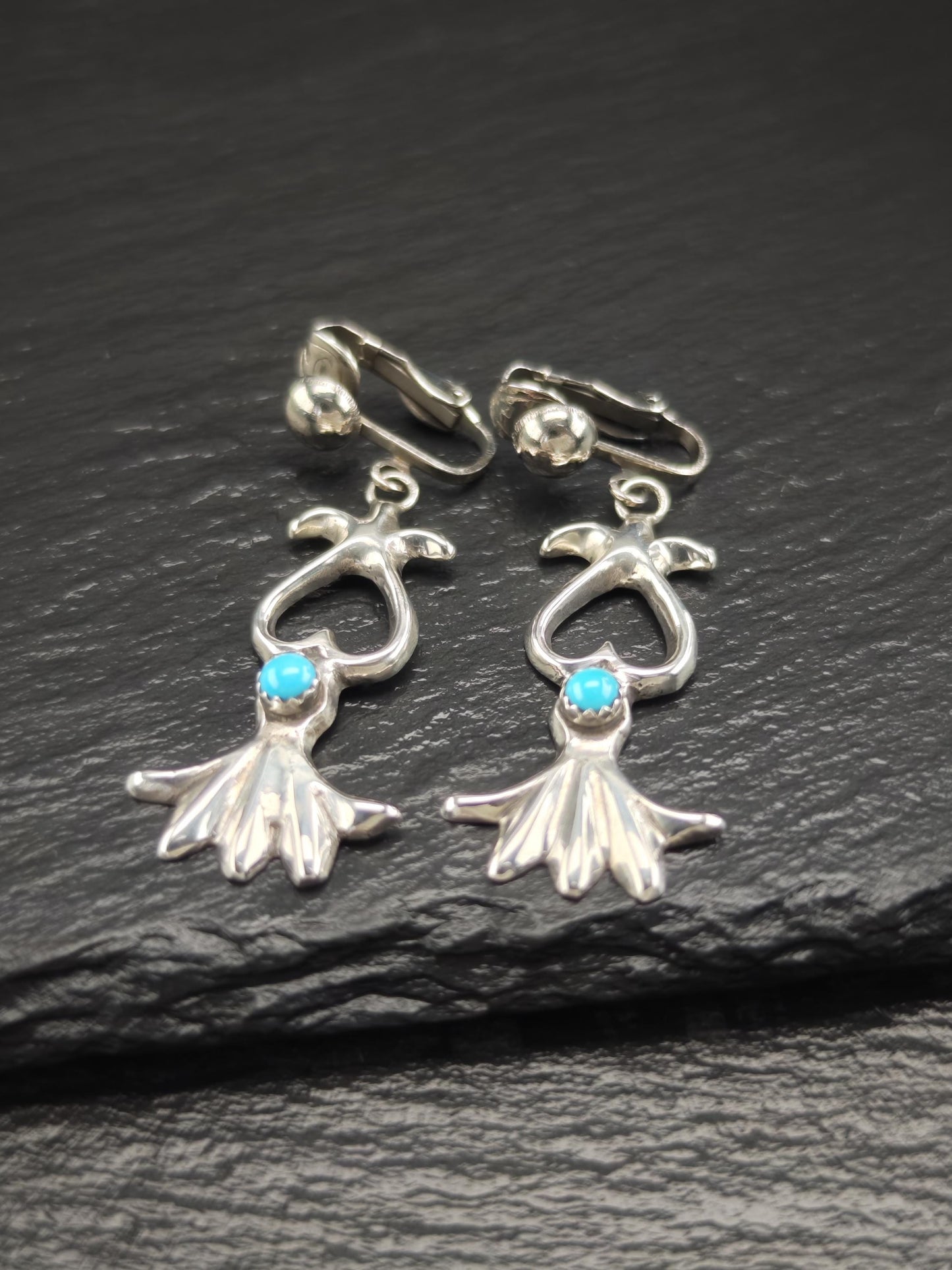 Southwest Blue Block Turquoise Sandcast Clip On/Dangle Earrings Sterling Silver