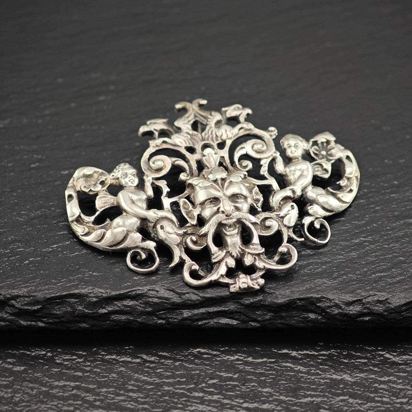 Horned God of Wine Pendant with Cherub Angels in Sterling Silver