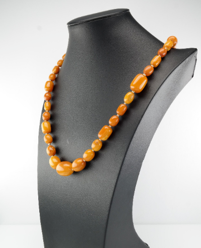 45gm Antique Butterscotch Amber 14K Gold Beaded Necklace