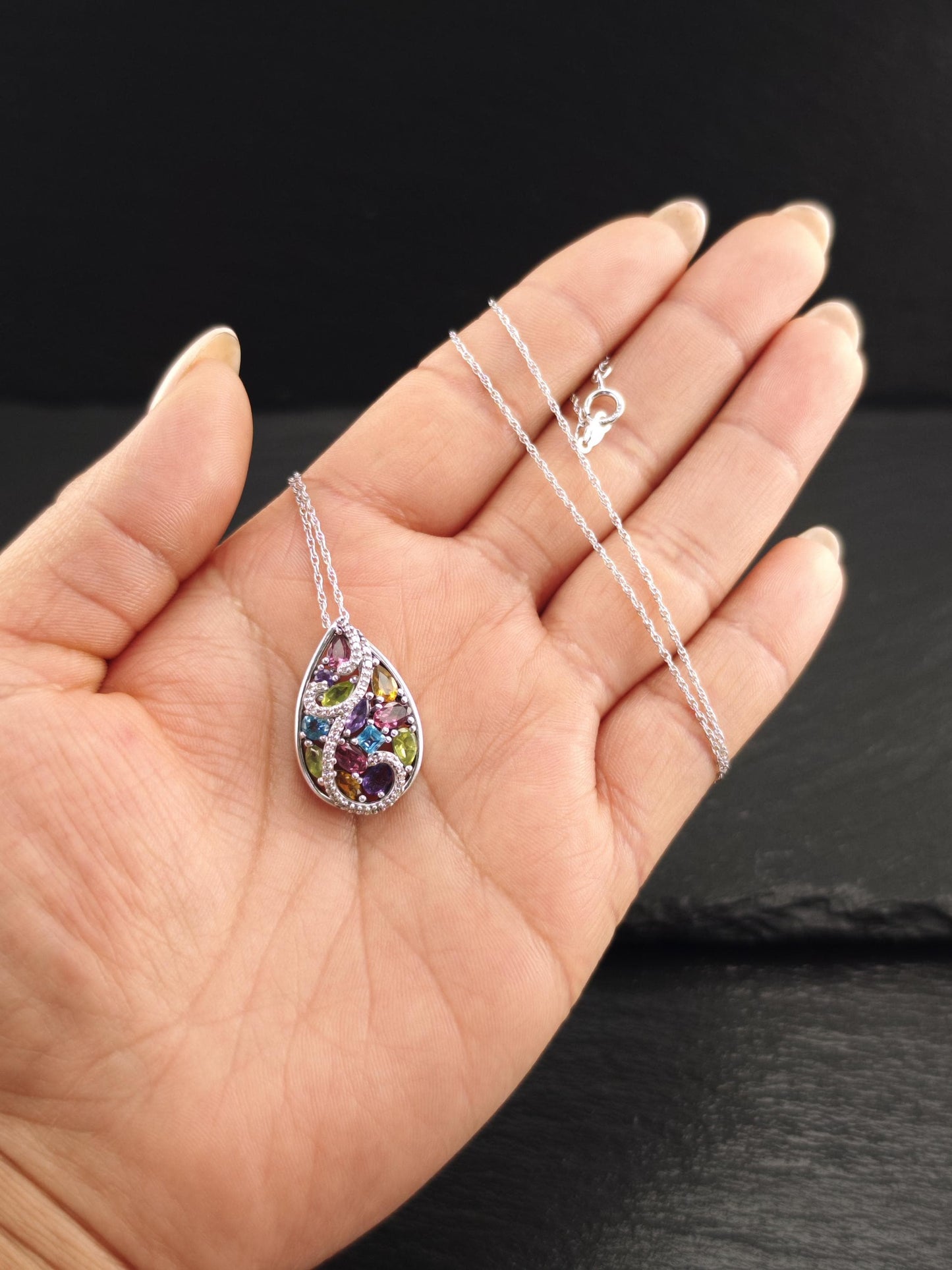 Designer Diamond, Amethyst, Gemstones Teardrop Necklace Sterling Silver N2516