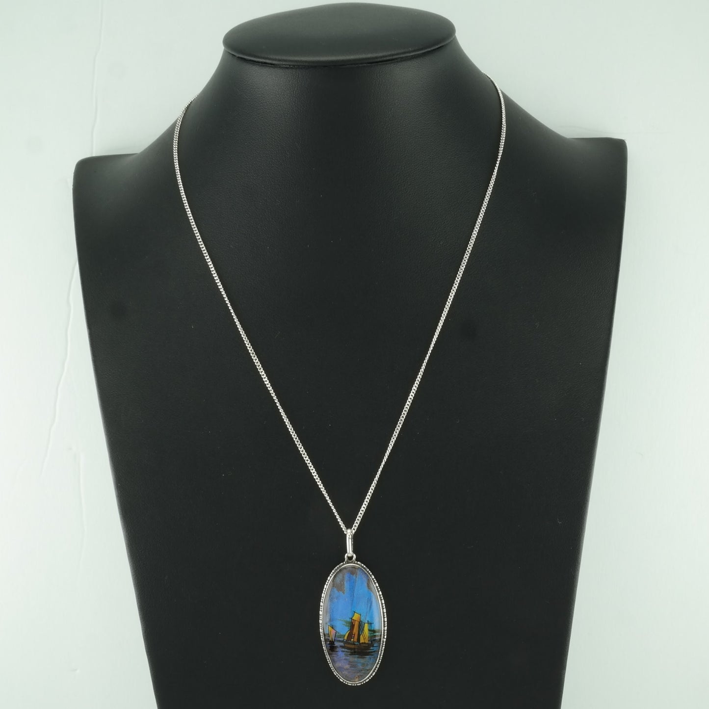 English Sterling Silver Blue, Iridescent Butterfly Wing Painted Boats Necklace