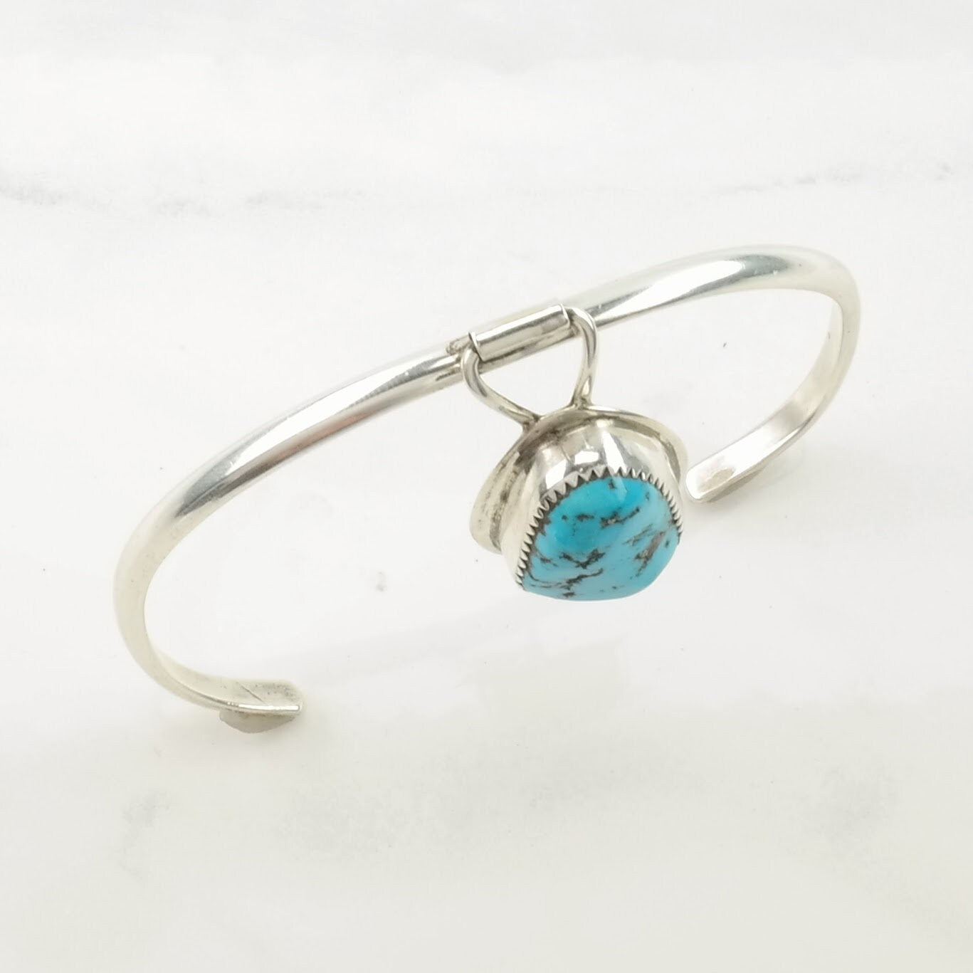 Vintage Southwest Sterling Silver Cuff Bracelet Blue Turquoise Hanging Pendant