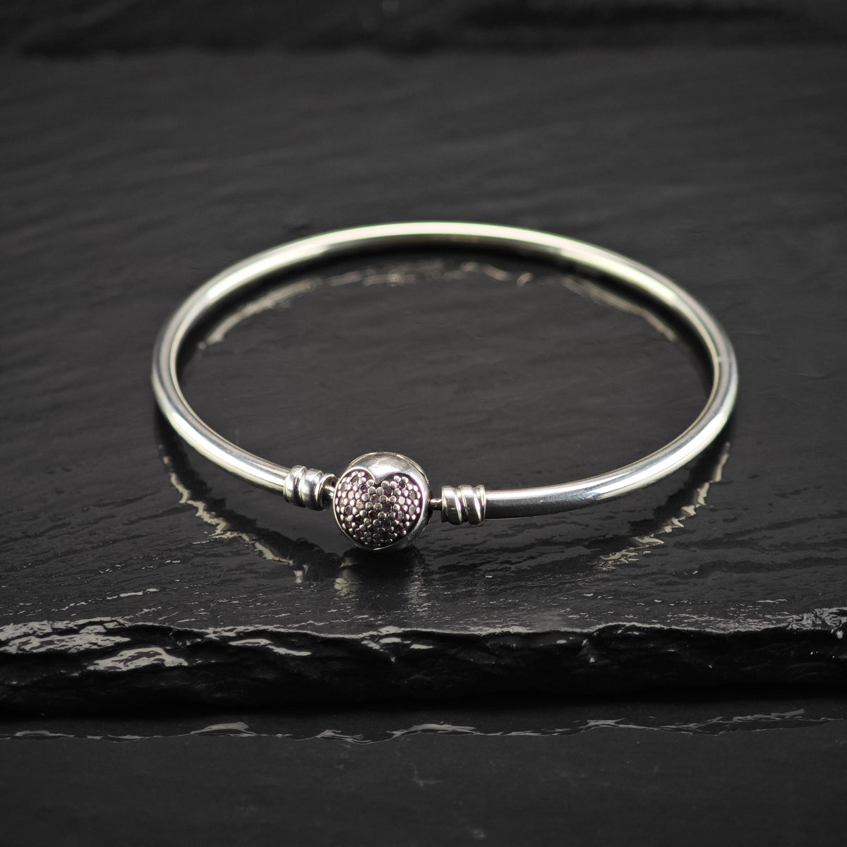 Vintage Pandora Pink Pave Heart Bangle Sterling Silver Sz 7 1/4" BR3179