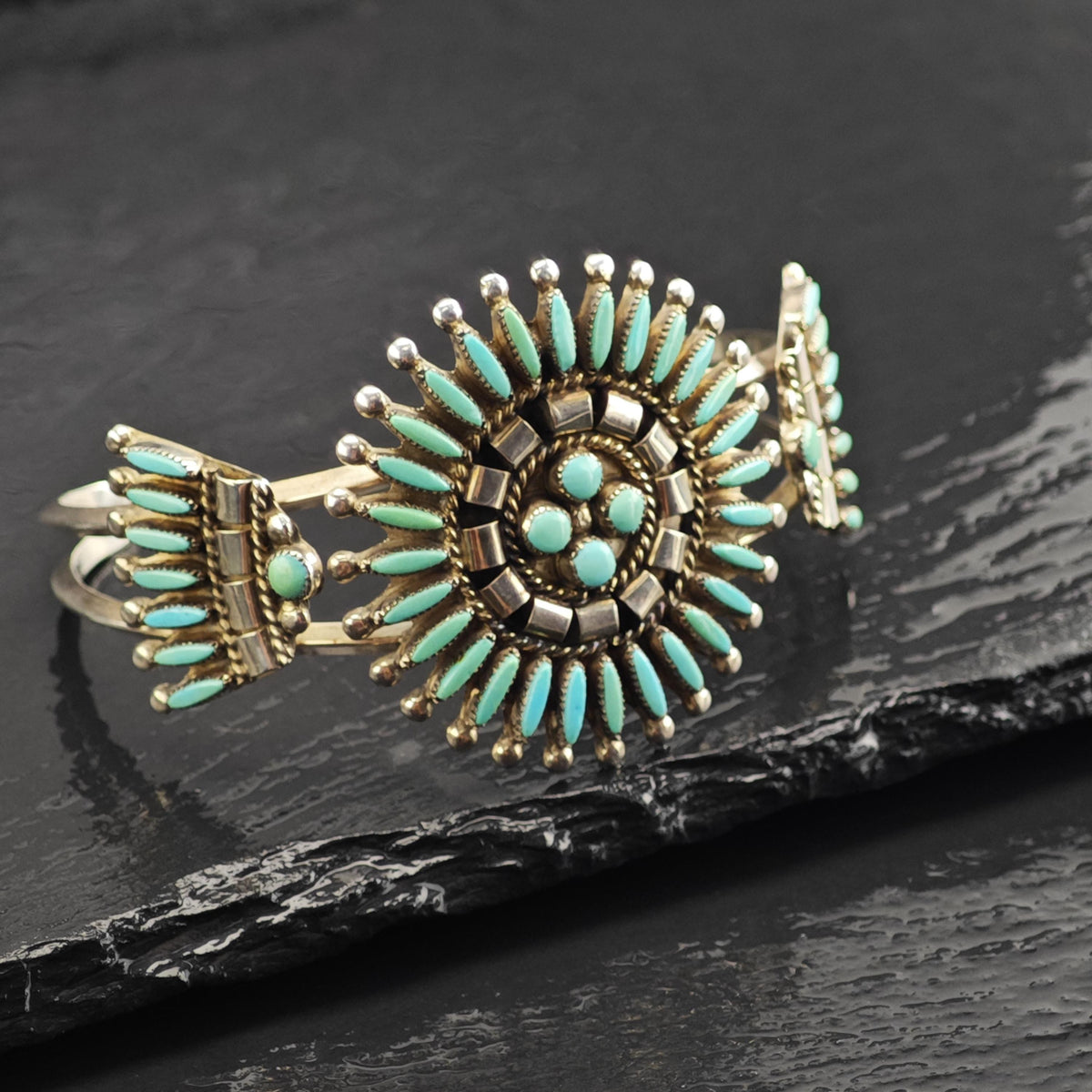 Zuni Needle Point Turquoise Sterling Silver Cuff Sz 6 3/4 BR3140