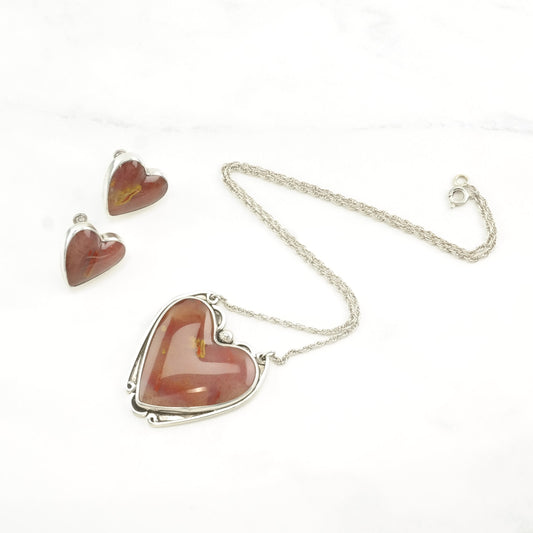 Vintage Sterling Silver Red Agate Heart Necklace Screwback Earring Set